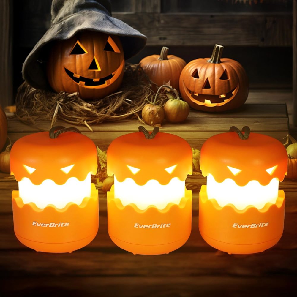 EverBrite 3-Pack Halloween Pumpkin Lantern, Collapsible Jack O Lantern Pumpkins with Lanyard, Halloween Party Favors, Light up Pumpkin Outdoor for Halloween Party Decoration, Battery Included